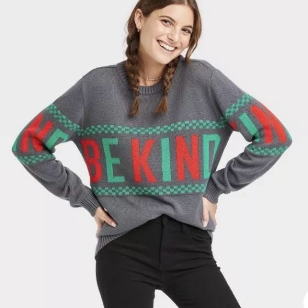 Women's Holiday Christmas Pullover Sweater BE KIND Charcoal Gray XL Isaac Morris